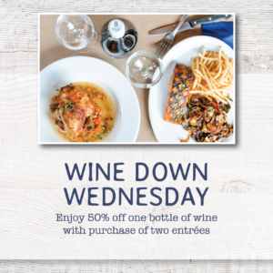 Wine Down Wednesday at Cowfish. One free bottle of wine with purchase of two entrees.