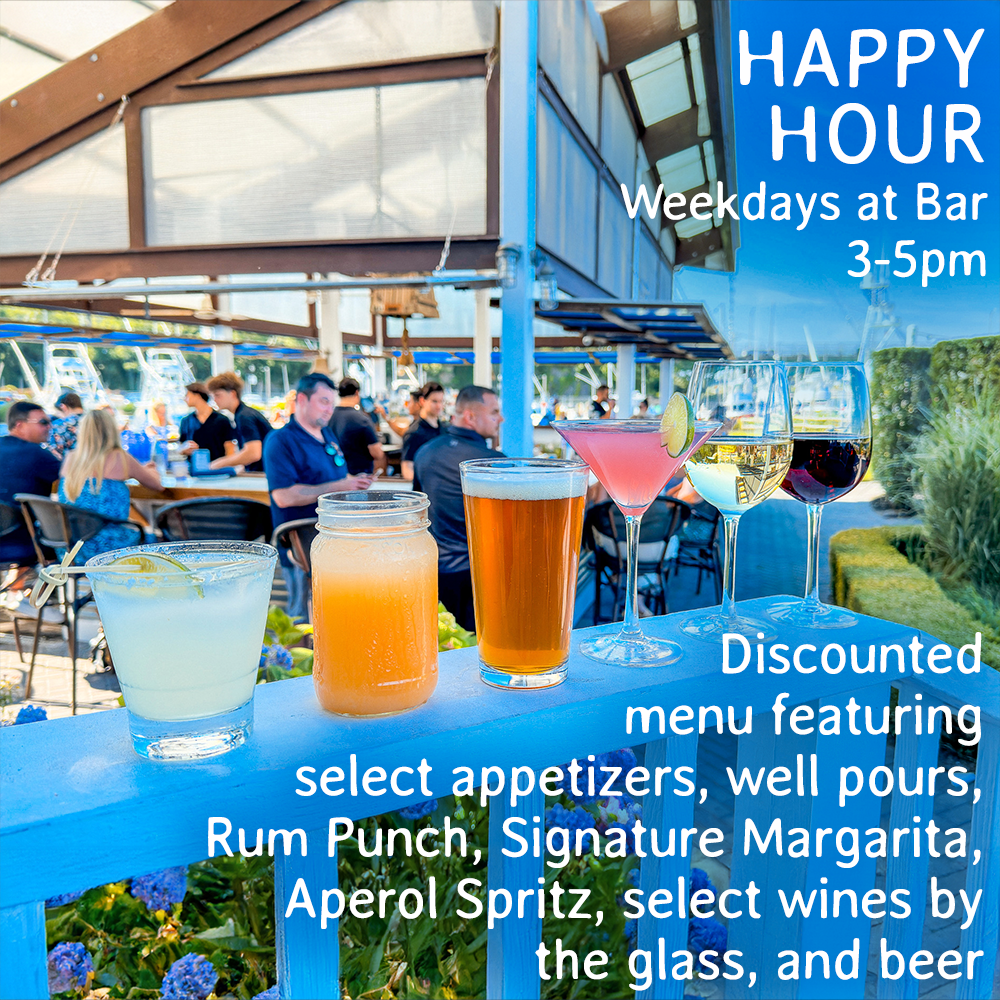 Happy Hour Weekdays at Bar | 3-5pm | Discounted menu featuring select appetizers, well pours, Rum Punch, Signature Margarita, Aperol Spritz, select wines by the glass, and beer.